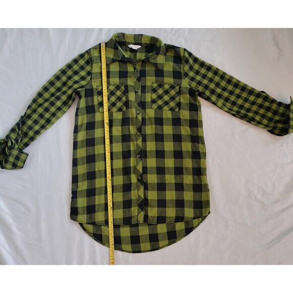 Est 1946 Juniors XS Plaid Button Up Top Green Black Long Roll Tab Sleeves XSmall - Picture 7 of 15